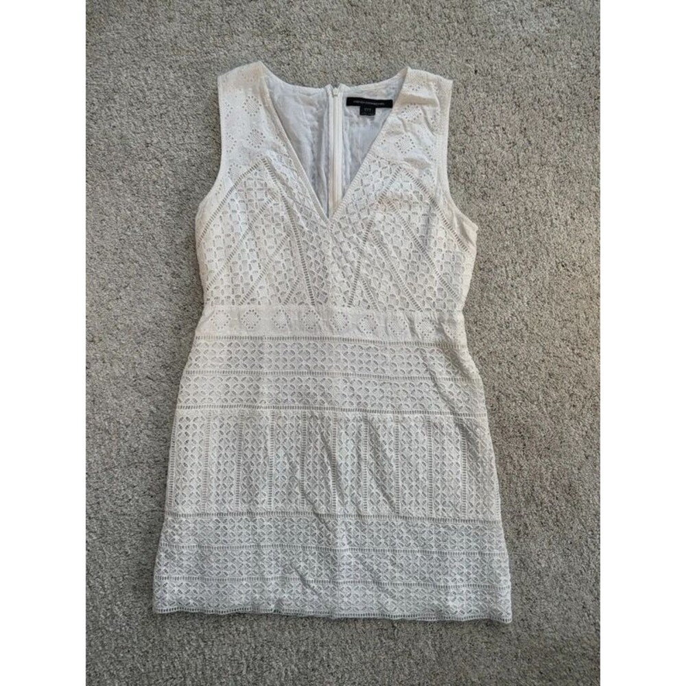 French Connection White Eyelet Lace V-Neck Mini Dress XL Cotton Boho Bridal LWD